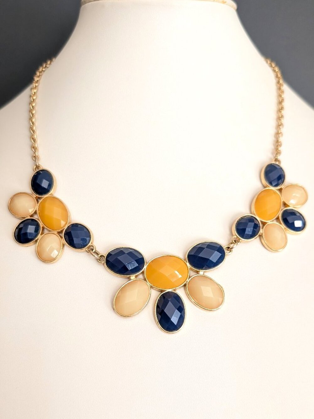 Navy, cream and apricot beaded statement necklace